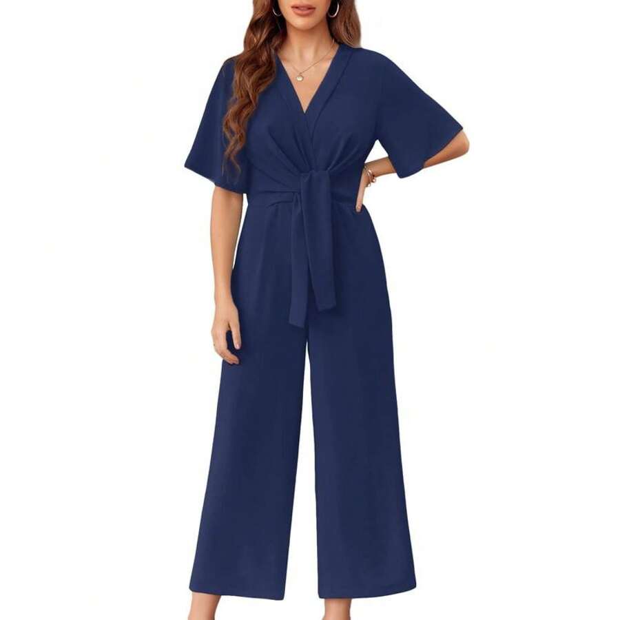 V-Neck Short Sleeve Tie Front Wide Leg Jumpsuit