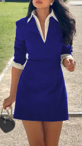 Collared V-Neck Long Sleeve Contrast Trim Mini Dress 5
