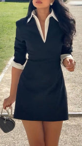Collared V-Neck Long Sleeve Contrast Trim Mini Dress