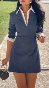 Collared V-Neck Long Sleeve Contrast Trim Mini Dress 6