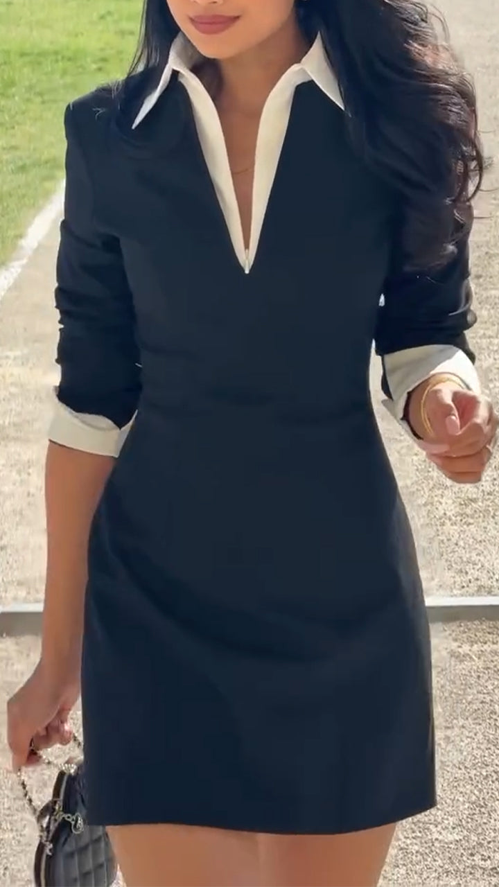 Collared V-Neck Long Sleeve Contrast Trim Mini Dress 2