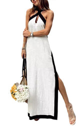 Halter Neck Keyhole High Split Contrast Trim Maxi Dress 2