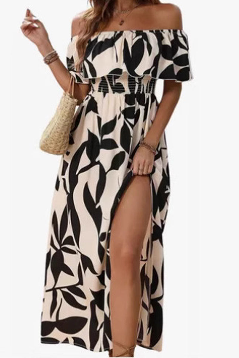 Leaf Print Off Shoulder Ruffle Smocked Maxi Dress 2