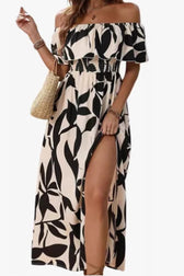 Leaf Print Off Shoulder Ruffle Smocked Maxi Dress 2