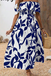 Leaf Print Off Shoulder Ruffle Smocked Maxi Dress 5