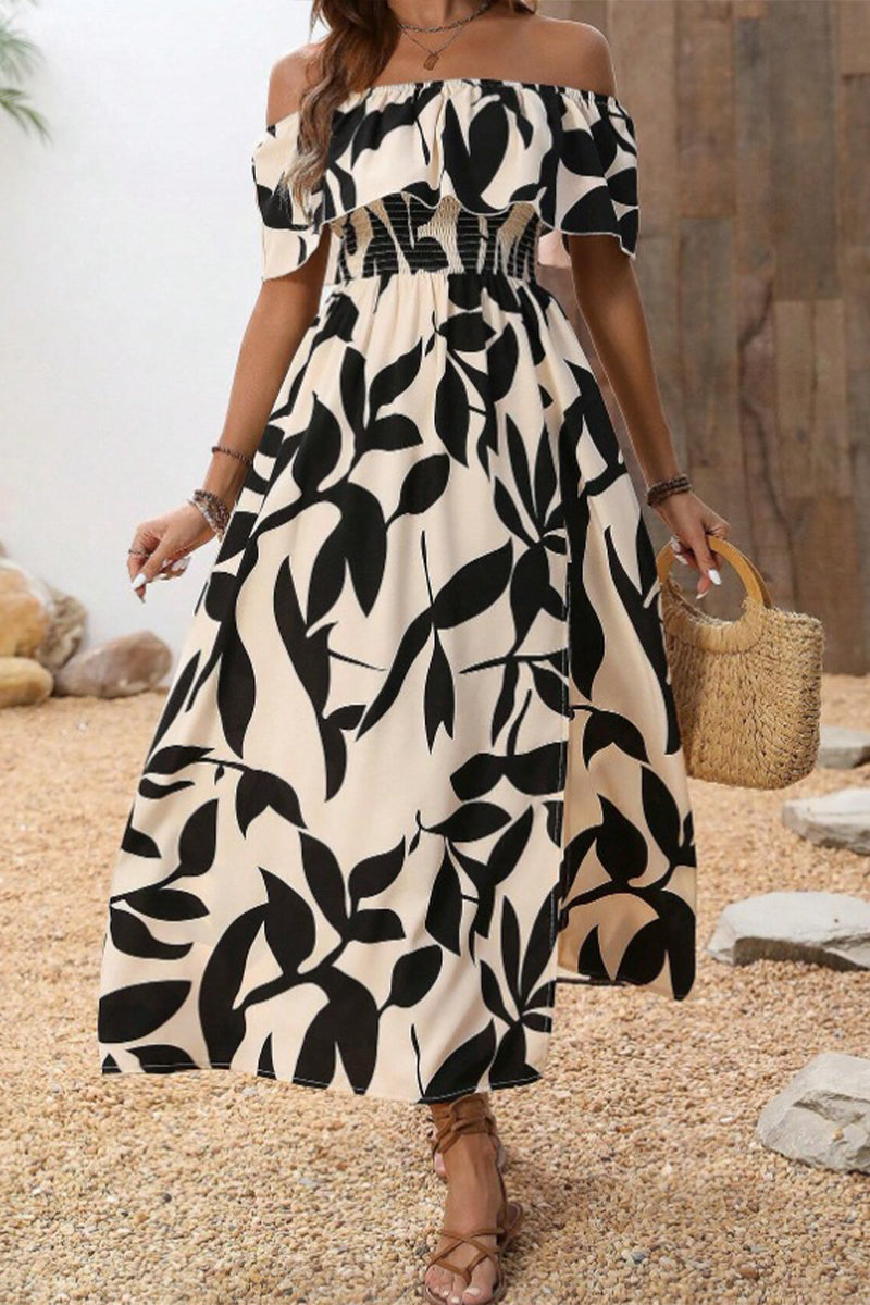 Leaf Print Off Shoulder Ruffle Smocked Maxi Dress