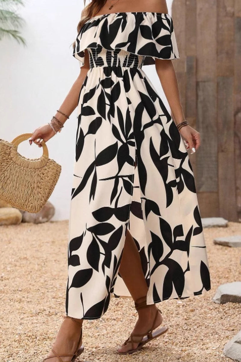 Leaf Print Off Shoulder Ruffle Smocked Maxi Dress 4