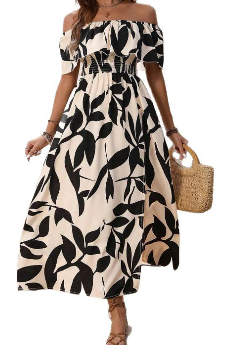 Leaf Print Off Shoulder Ruffle Smocked Maxi Dress 3