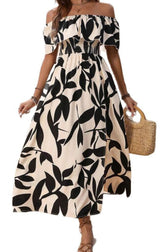 Leaf Print Off Shoulder Ruffle Smocked Maxi Dress 3