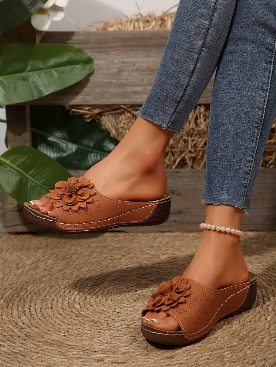 Open Toe Flower Wedge Slide Sandals