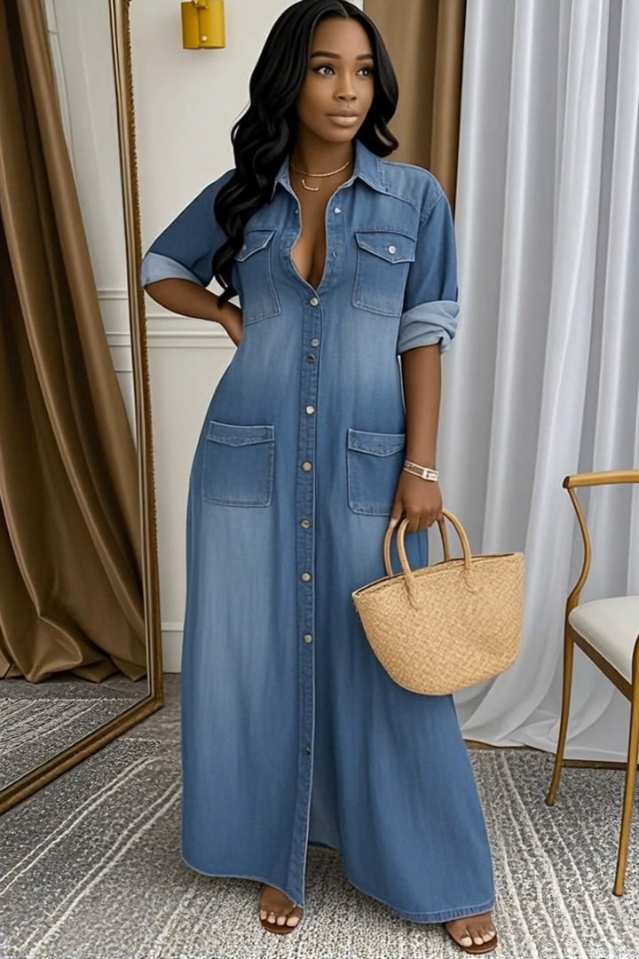 Collared Long Sleeve Pocket Denim Maxi Dress 3