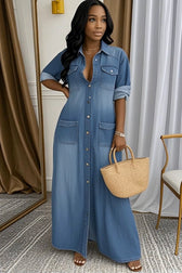 Collared Long Sleeve Pocket Denim Maxi Dress 3