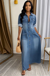 Collared Long Sleeve Pocket Denim Maxi Dress 2