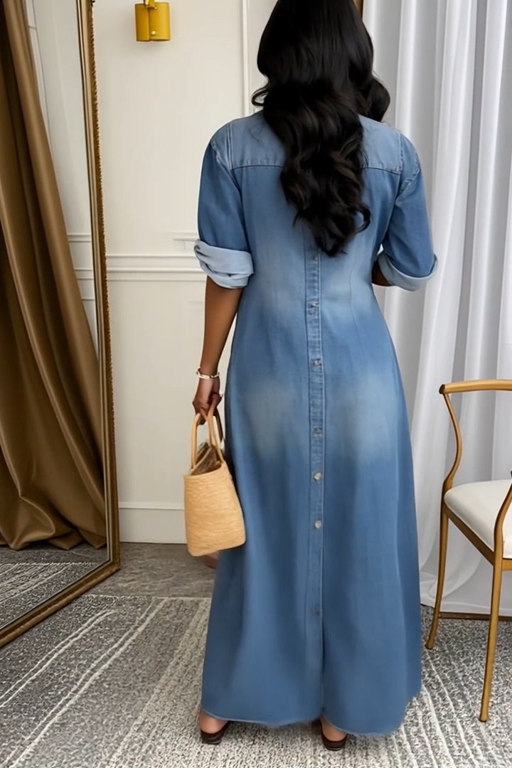 Collared Long Sleeve Pocket Denim Maxi Dress 4