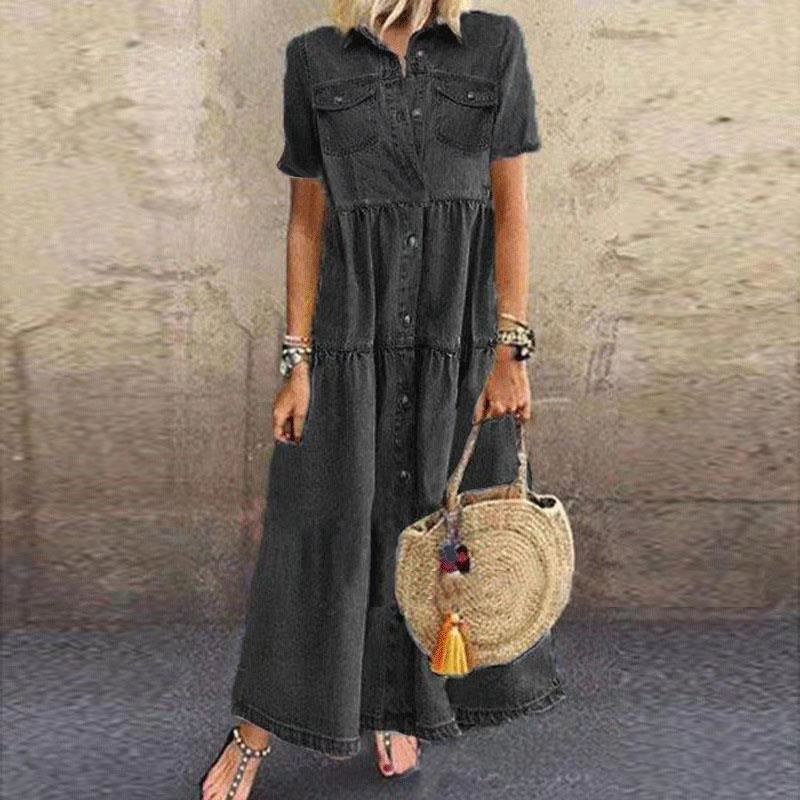Collared Short Sleeve Tiered Denim Maxi Dress 3