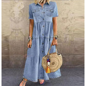Collared Short Sleeve Tiered Denim Maxi Dress