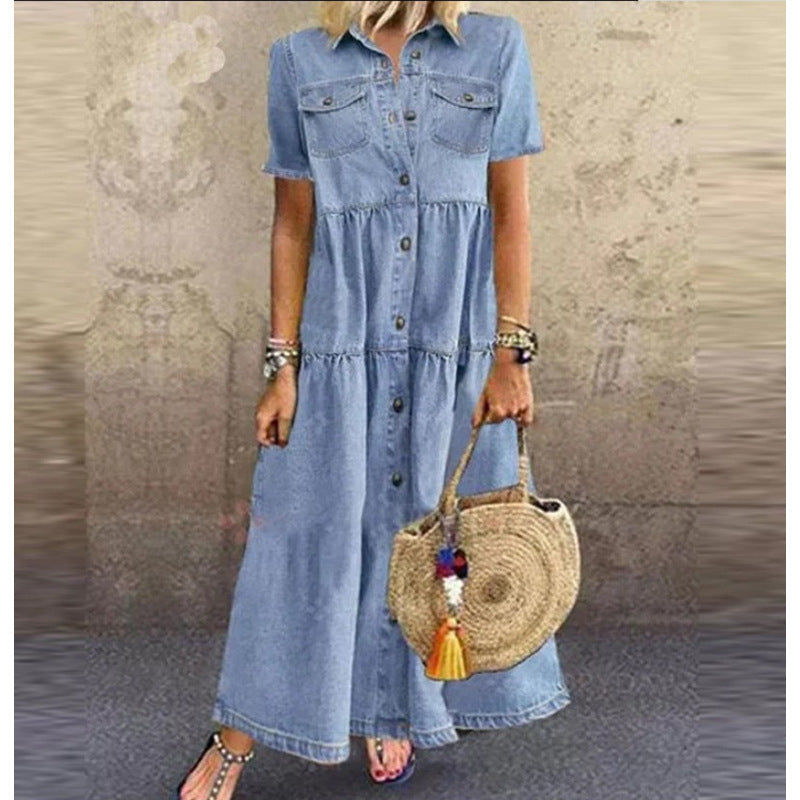 Collared Short Sleeve Tiered Denim Maxi Dress