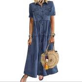 Collared Short Sleeve Tiered Denim Maxi Dress 2