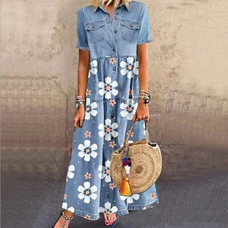 Collared Short Sleeve Tiered Denim Maxi Dress 4