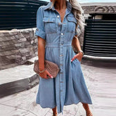 Collared Short Sleeve Pocket Denim Fit and Flare Midi Dress 3