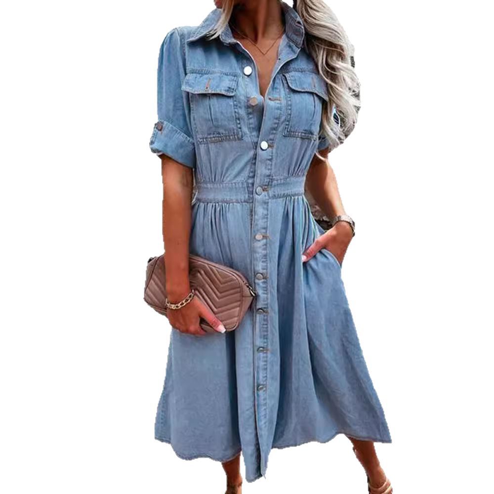 Collared Short Sleeve Pocket Denim Fit and Flare Midi Dress 2