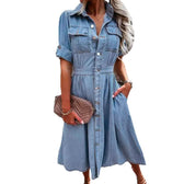 Collared Short Sleeve Pocket Denim Fit and Flare Midi Dress 2
