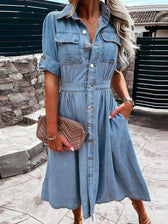 Collared Short Sleeve Pocket Denim Fit and Flare Midi Dress