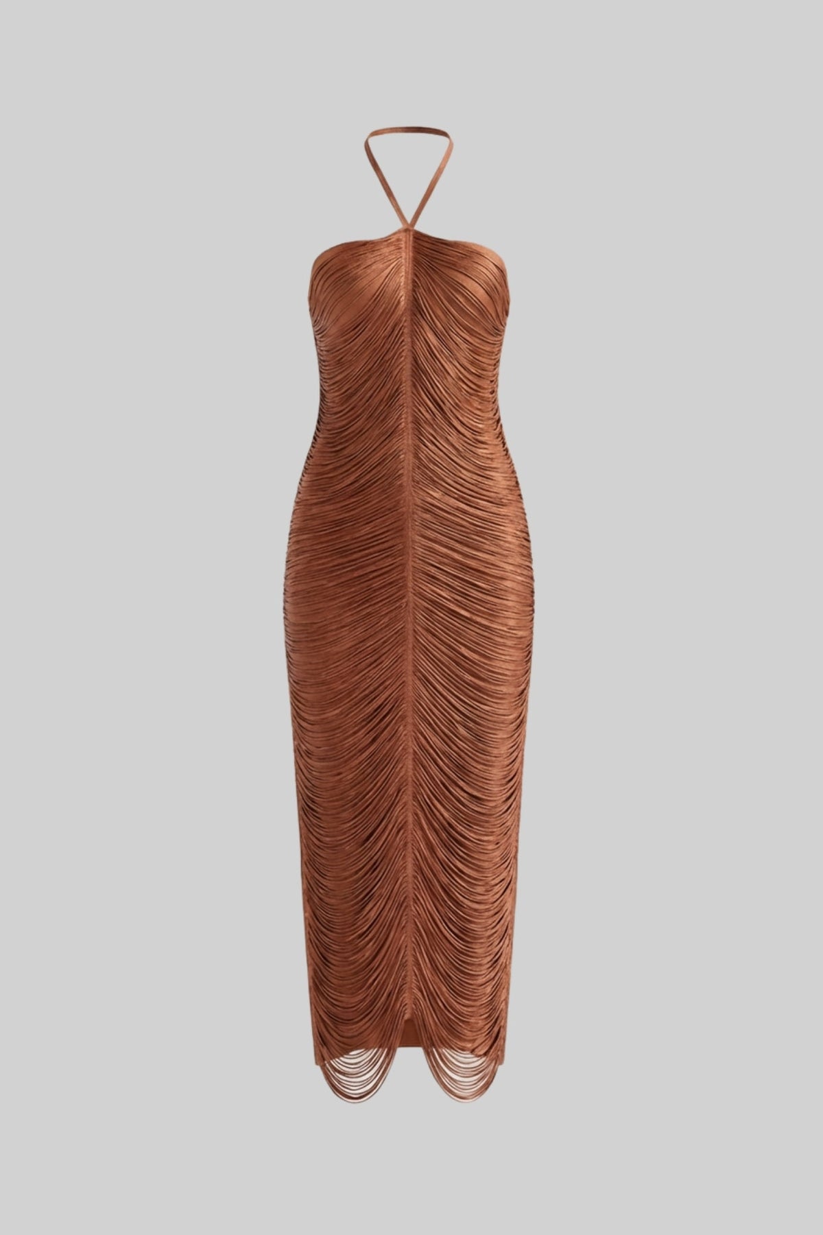 Halter Neck Draped Fringe Strand Bodycon Midi Dress 2