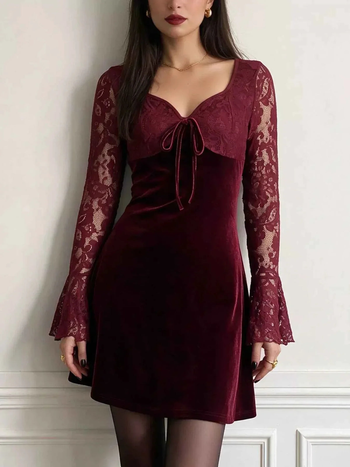 Velvet Lace Flare Sleeve Tie Front A-Line Mini Dress 3