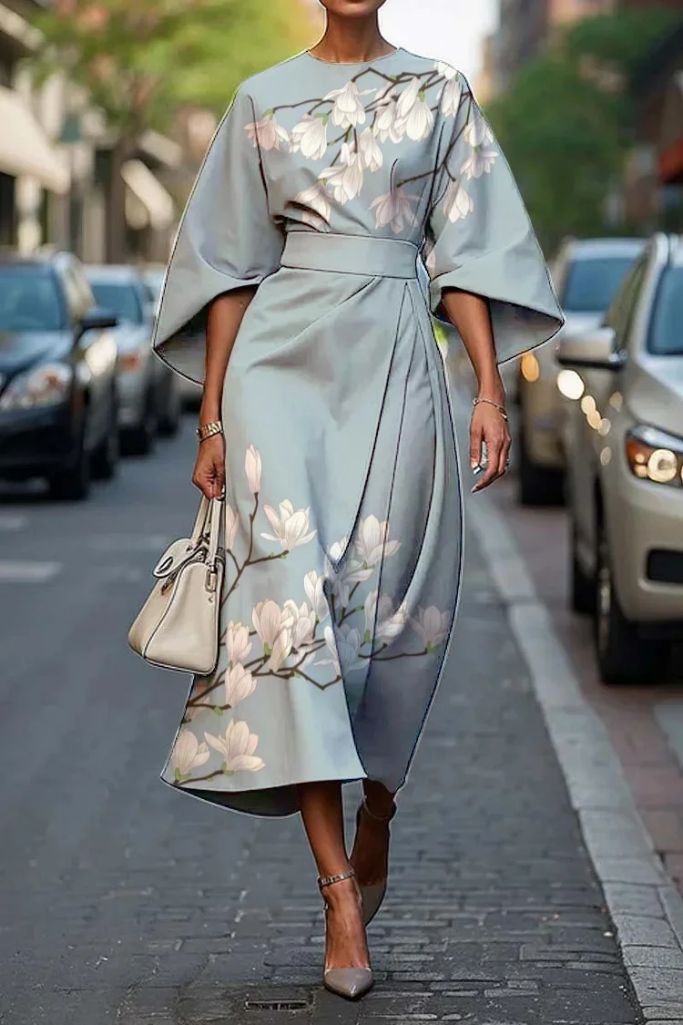Women's Vintage Elegant Floral Print Midi Dress Blue-1