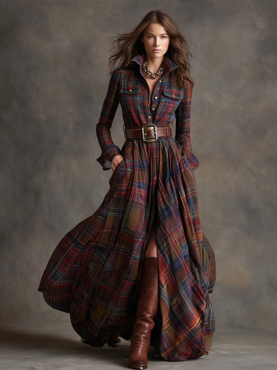 Plaid Long Sleeve Belted Button Front Maxi Shirt Dress