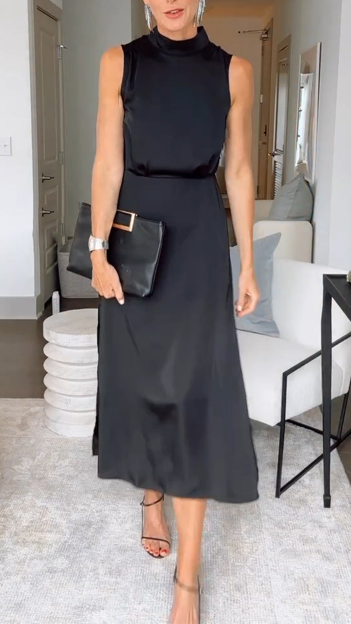 Satin High Neck Sleeveless A-Line Slit Midi Dress