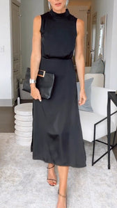 Satin High Neck Sleeveless A-Line Slit Midi Dress