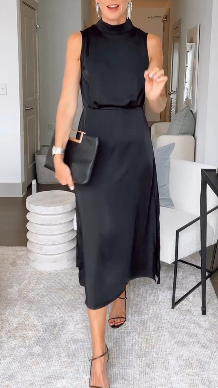 Satin High Neck Sleeveless A-Line Slit Midi Dress 2