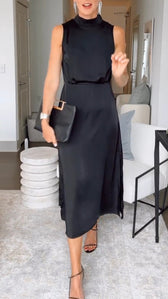 Satin High Neck Sleeveless A-Line Slit Midi Dress 2