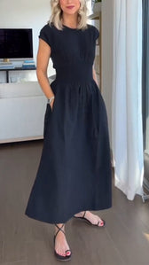 Short Sleeve Smocked Waist Pocket A-Line Maxi Dress