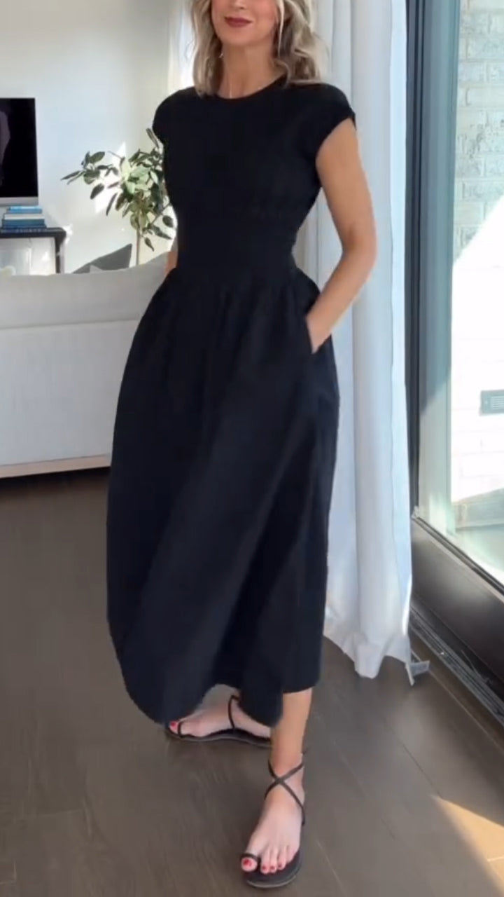 Short Sleeve Smocked Waist Pocket A-Line Maxi Dress 2