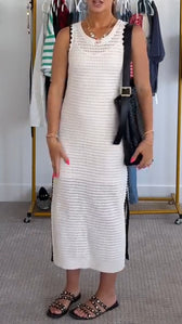 Crochet Knit Round Neck Sleeveless Contrast Trim Maxi Dress 2