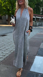 Deep V-Neck Halter Sleeveless Pocket Maxi Dress