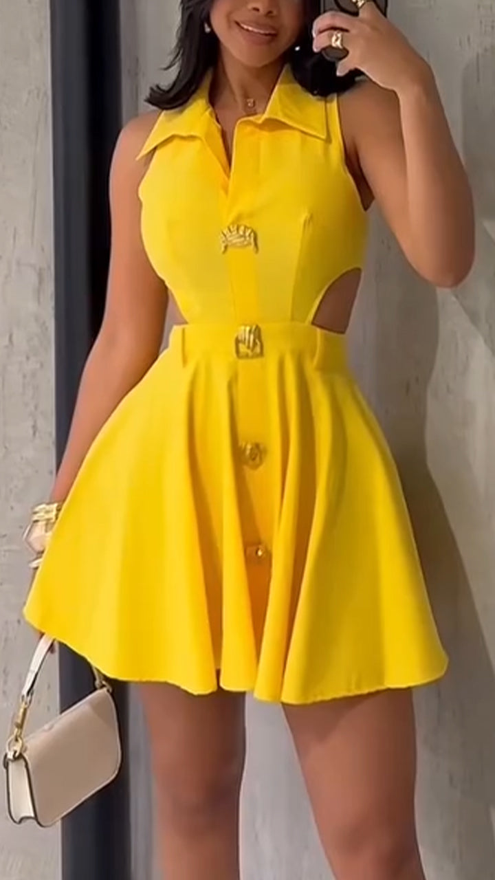 Sleeveless Collared Cut Out Pleated Flare Mini Dress