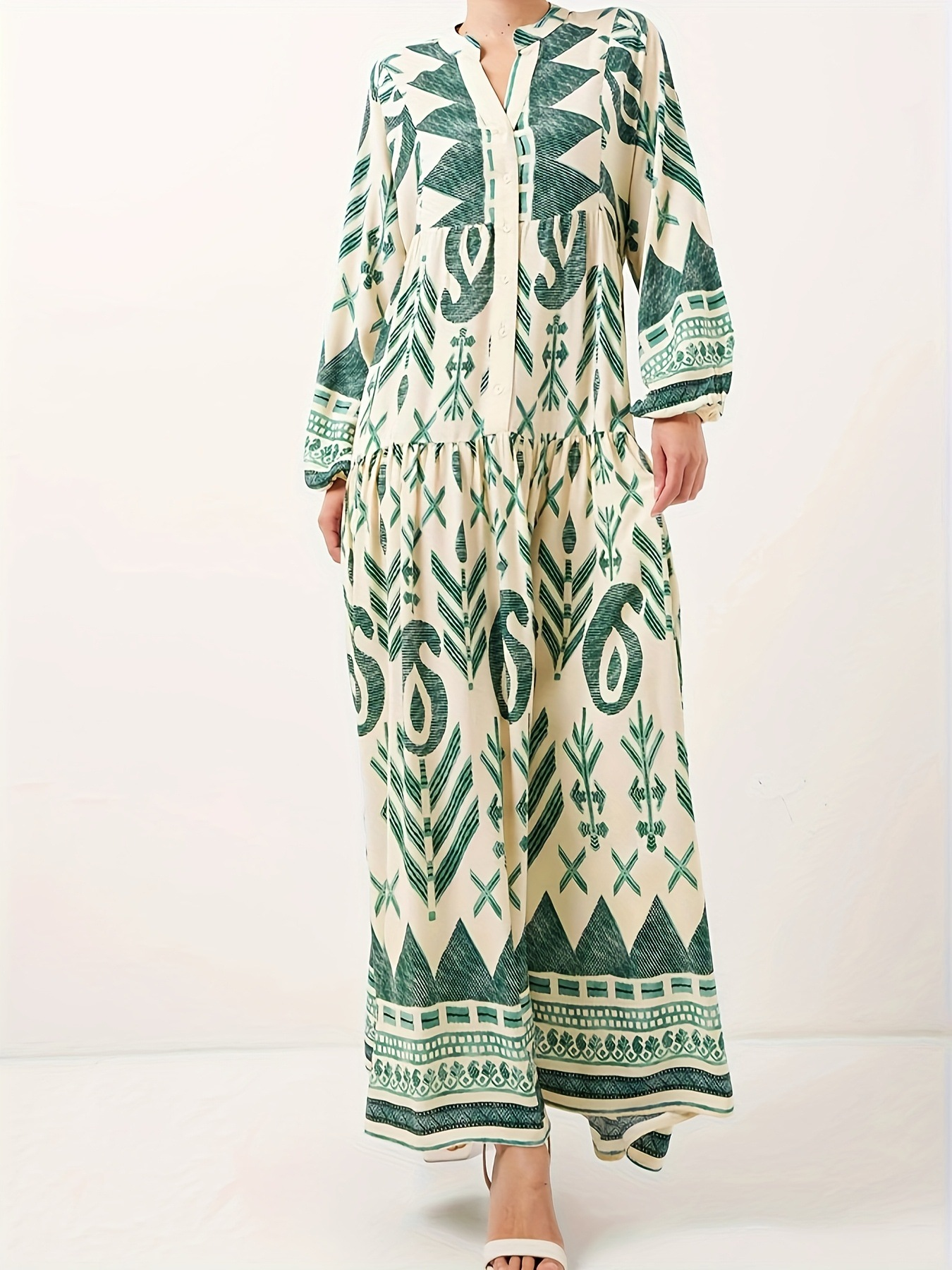 Printed lantern sleeves loose dress Light green