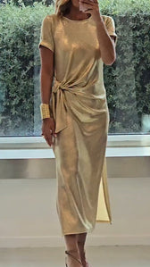 Metallic Short Sleeve Knot Front Slit Maxi Dress 4