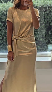 Metallic Short Sleeve Knot Front Slit Maxi Dress 3