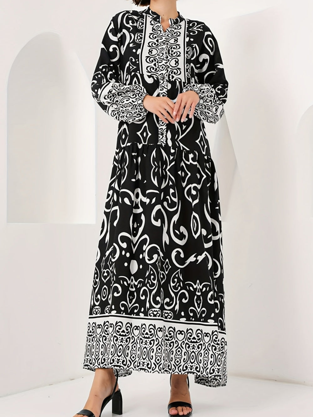 Printed lantern sleeves loose dress Black-2