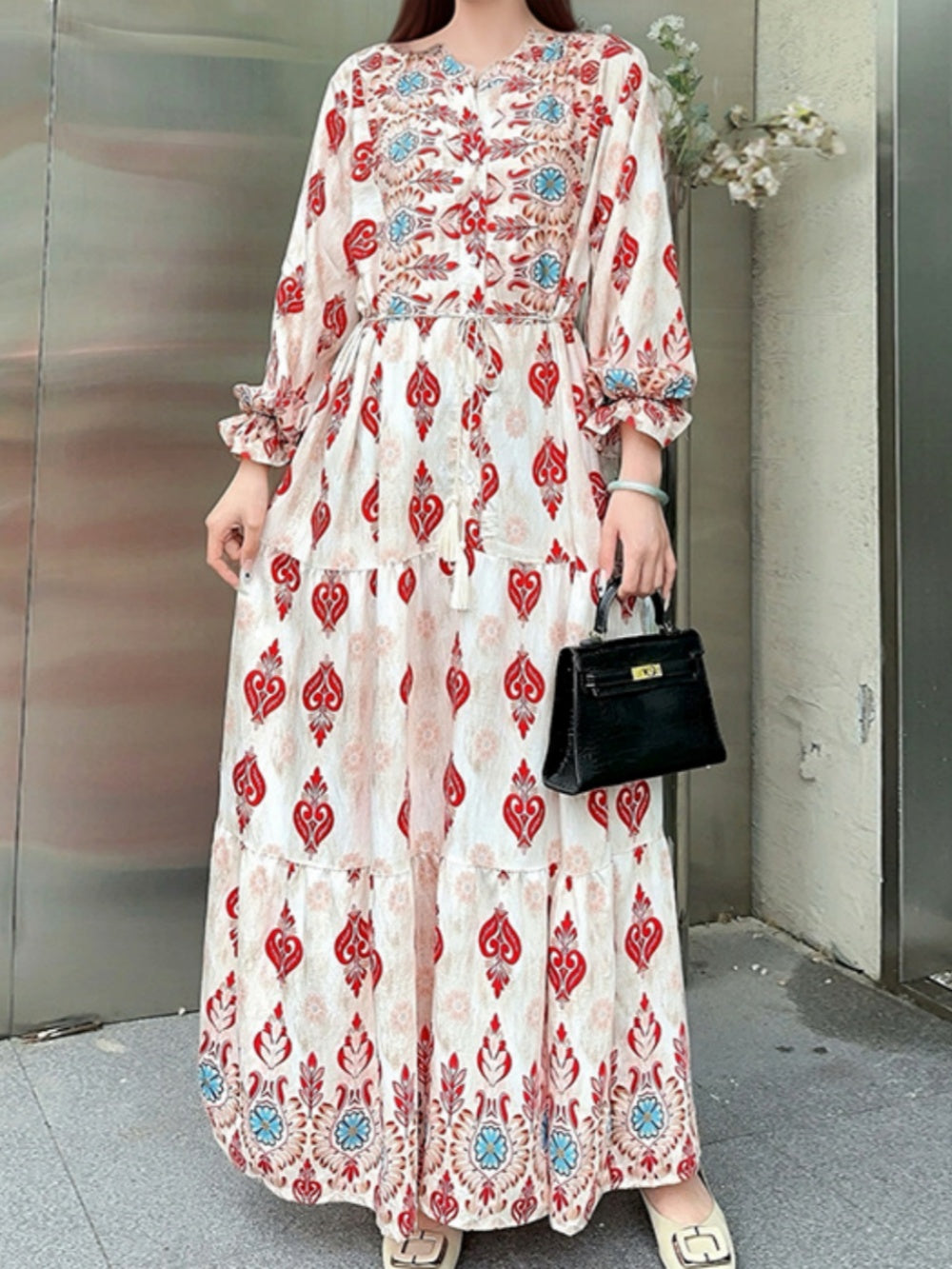 Printed lantern sleeves loose dress Red