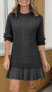 Cable Knit Long Sleeve Pleated Hem Sweater Mini Dress 6