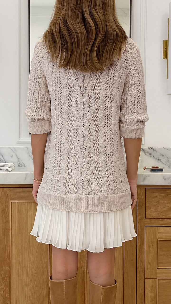 Cable Knit Long Sleeve Pleated Hem Sweater Mini Dress 4
