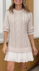 Cable Knit Long Sleeve Pleated Hem Sweater Mini Dress