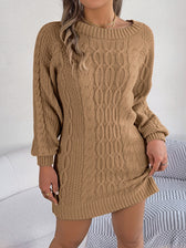 Cable Knit Boat Neck Long Sleeve Sweater Mini Dress