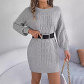 Cable Knit Boat Neck Long Sleeve Sweater Mini Dress 6